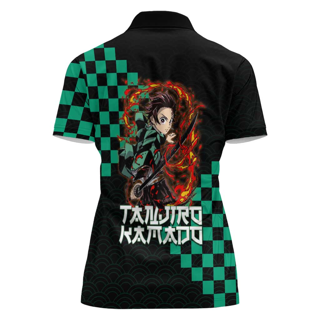Tanjiro Kamado Demon Slayer Women Polo Shirt Fiery Checkered Anime Wave Style