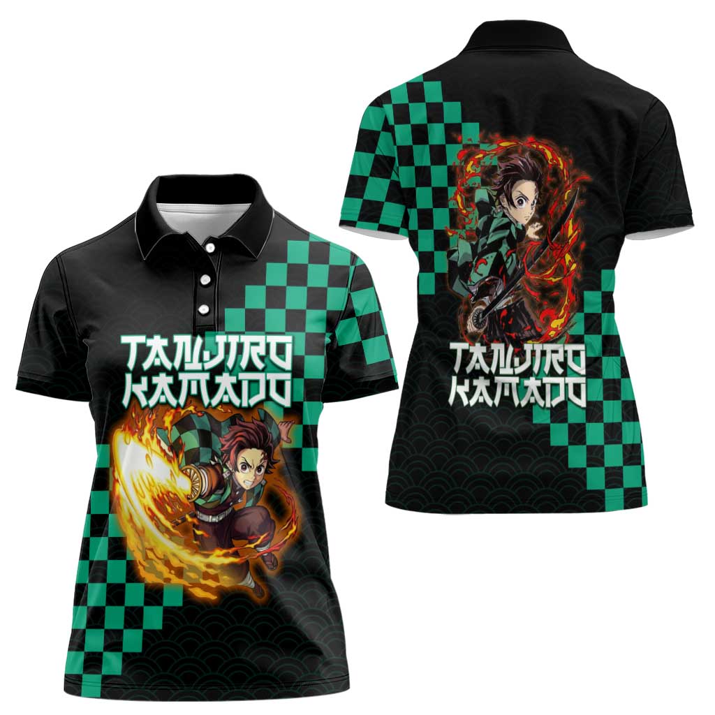 Tanjiro Kamado Demon Slayer Women Polo Shirt Fiery Checkered Anime Wave Style