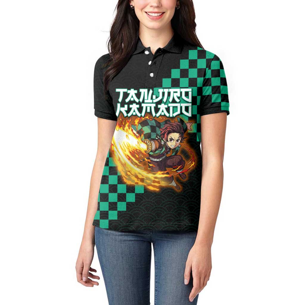 Tanjiro Kamado Demon Slayer Women Polo Shirt Fiery Checkered Anime Wave Style