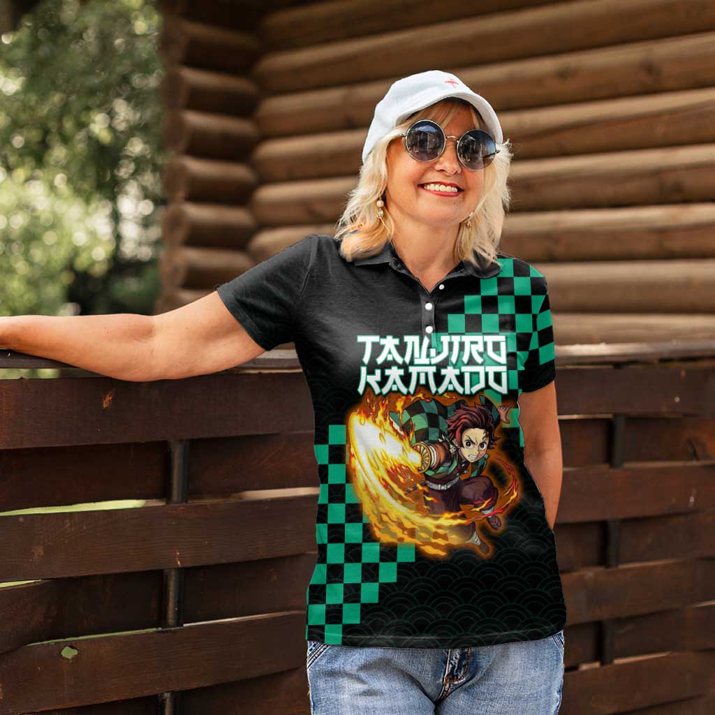 Tanjiro Kamado Demon Slayer Women Polo Shirt Fiery Checkered Anime Wave Style