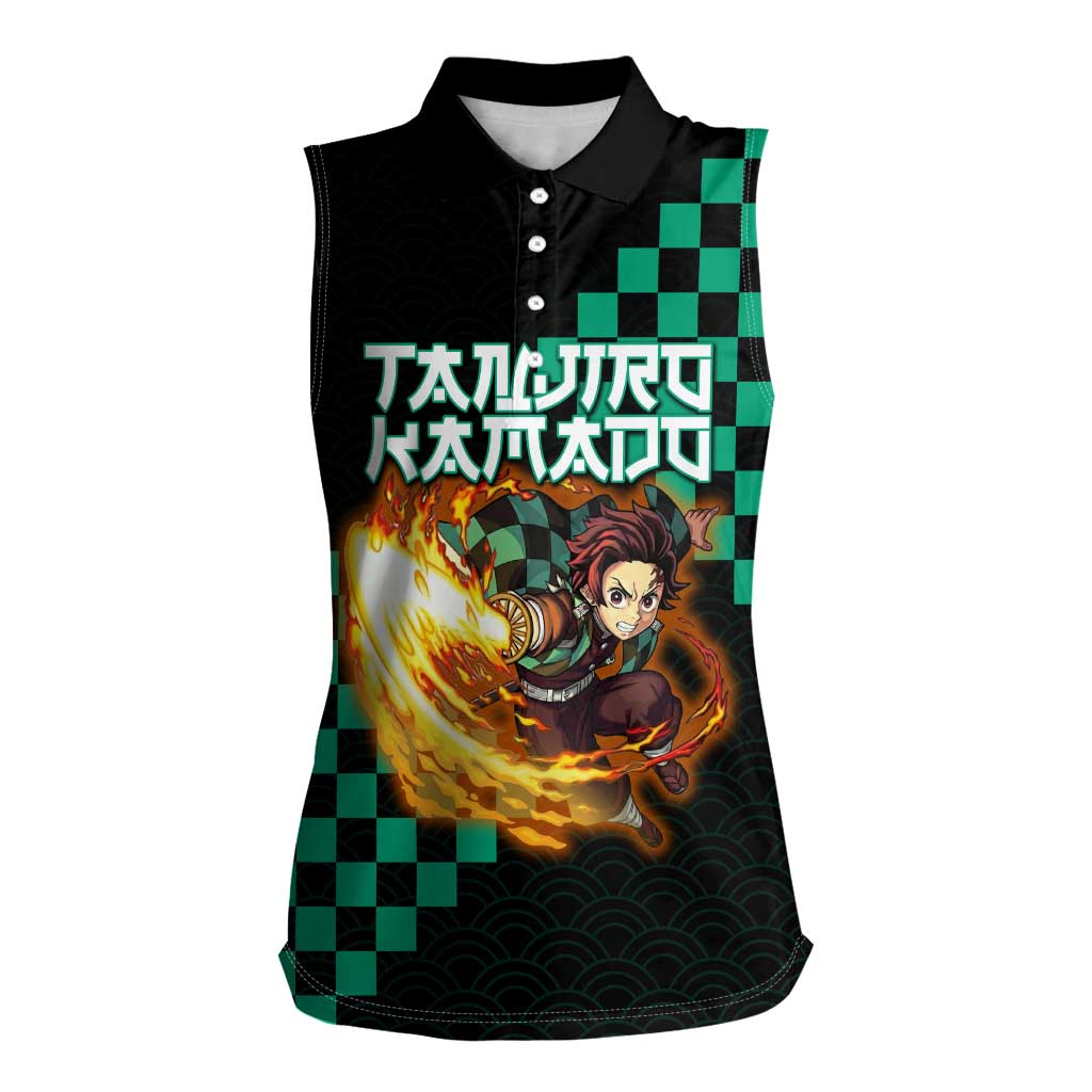 Tanjiro Kamado Demon Slayer Women Sleeveless Polo Shirt Fiery Checkered Anime Wave Style