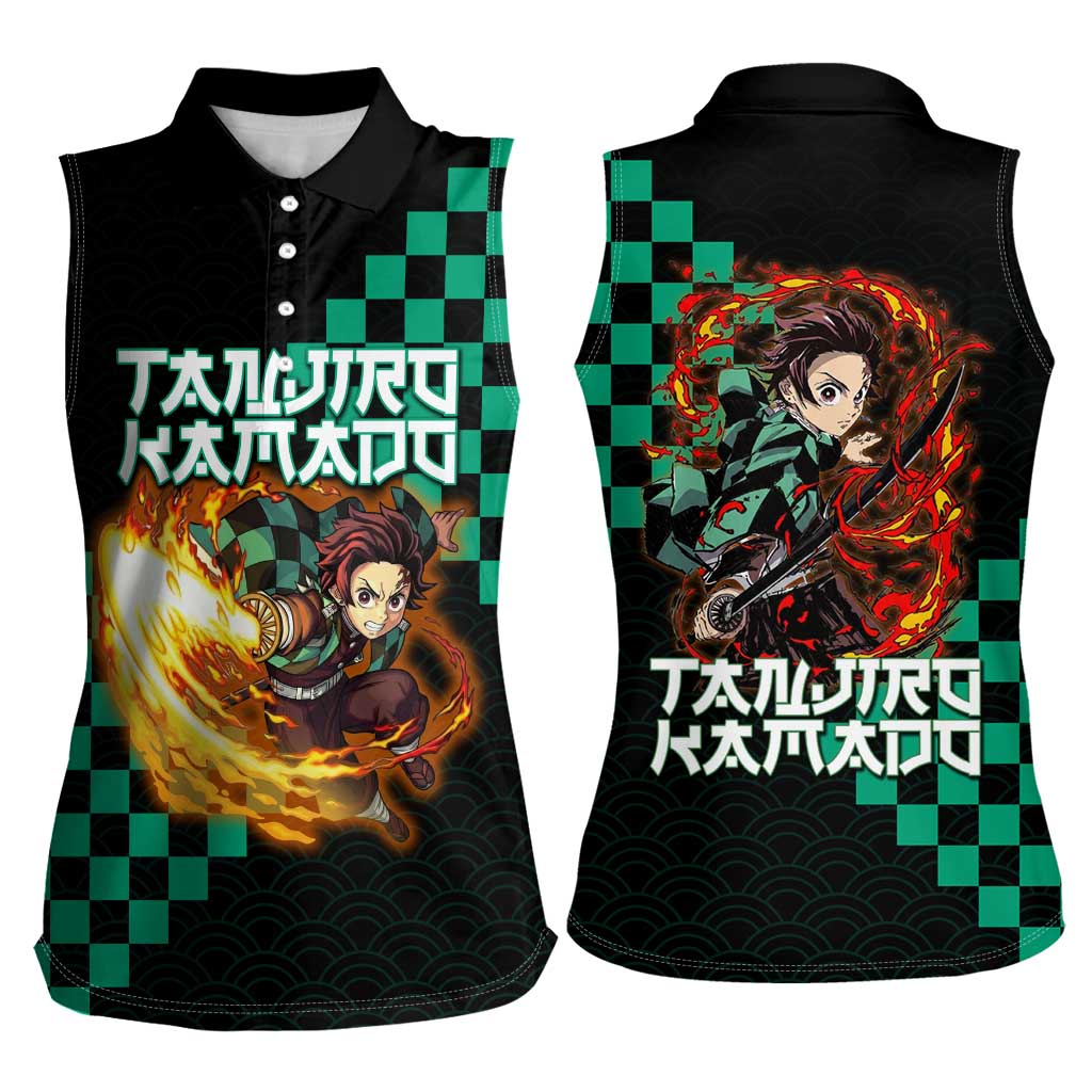 Tanjiro Kamado Demon Slayer Women Sleeveless Polo Shirt Fiery Checkered Anime Wave Style