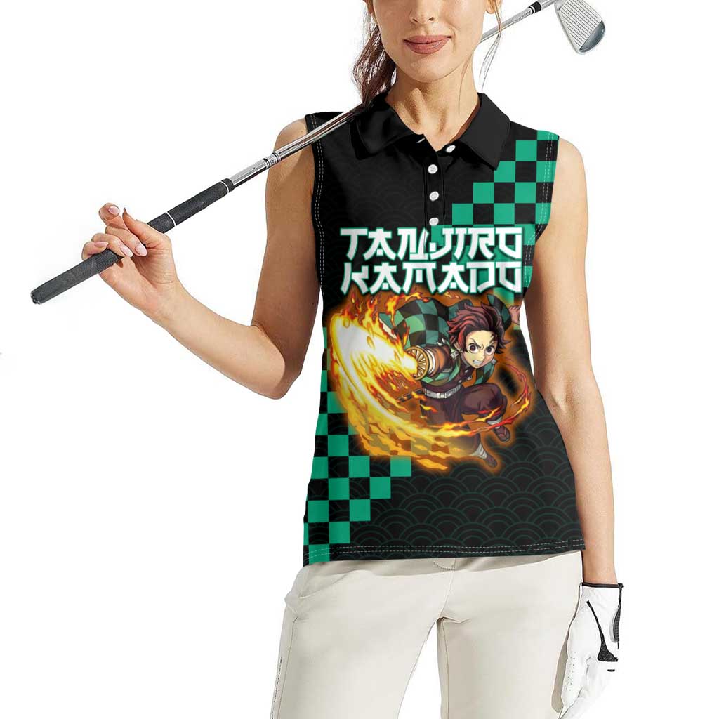 Tanjiro Kamado Demon Slayer Women Sleeveless Polo Shirt Fiery Checkered Anime Wave Style
