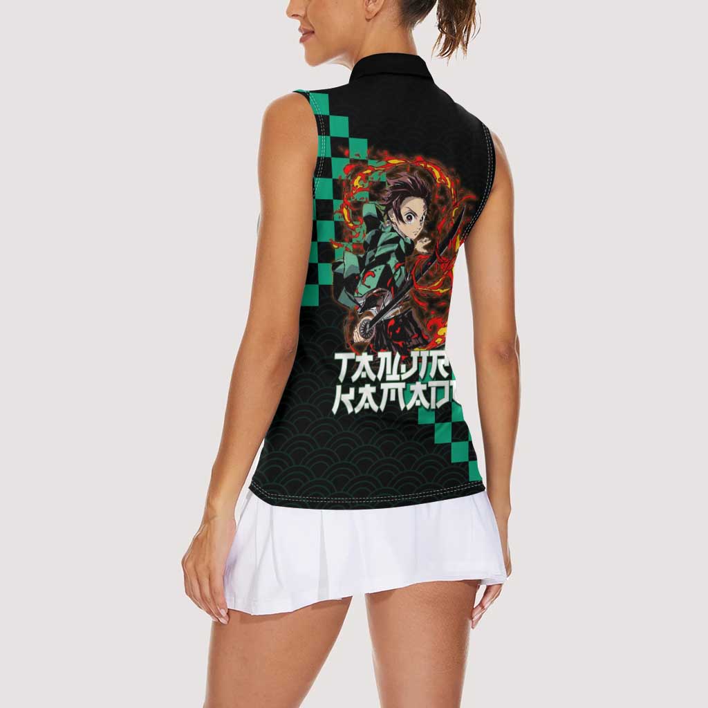 Tanjiro Kamado Demon Slayer Women Sleeveless Polo Shirt Fiery Checkered Anime Wave Style