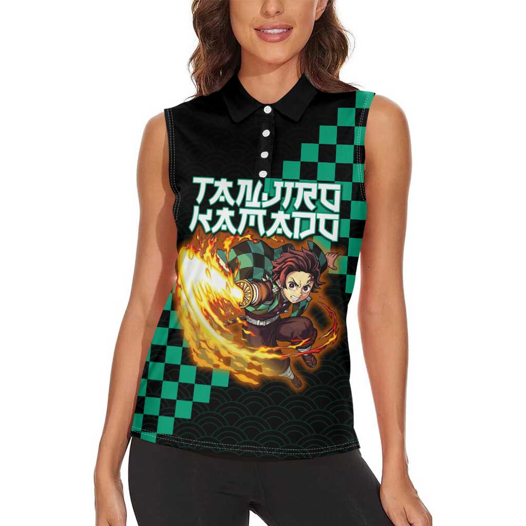 Tanjiro Kamado Demon Slayer Women Sleeveless Polo Shirt Fiery Checkered Anime Wave Style
