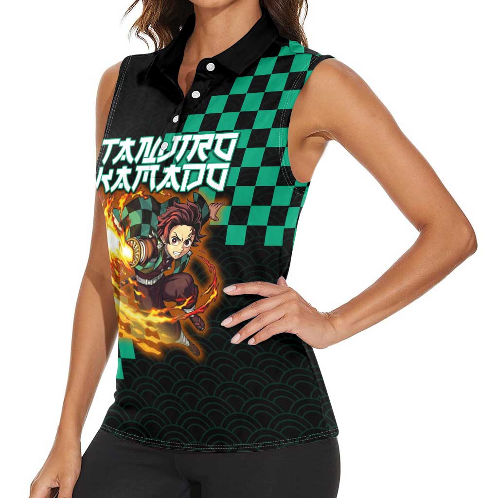 Tanjiro Kamado Demon Slayer Women Sleeveless Polo Shirt Fiery Checkered Anime Wave Style