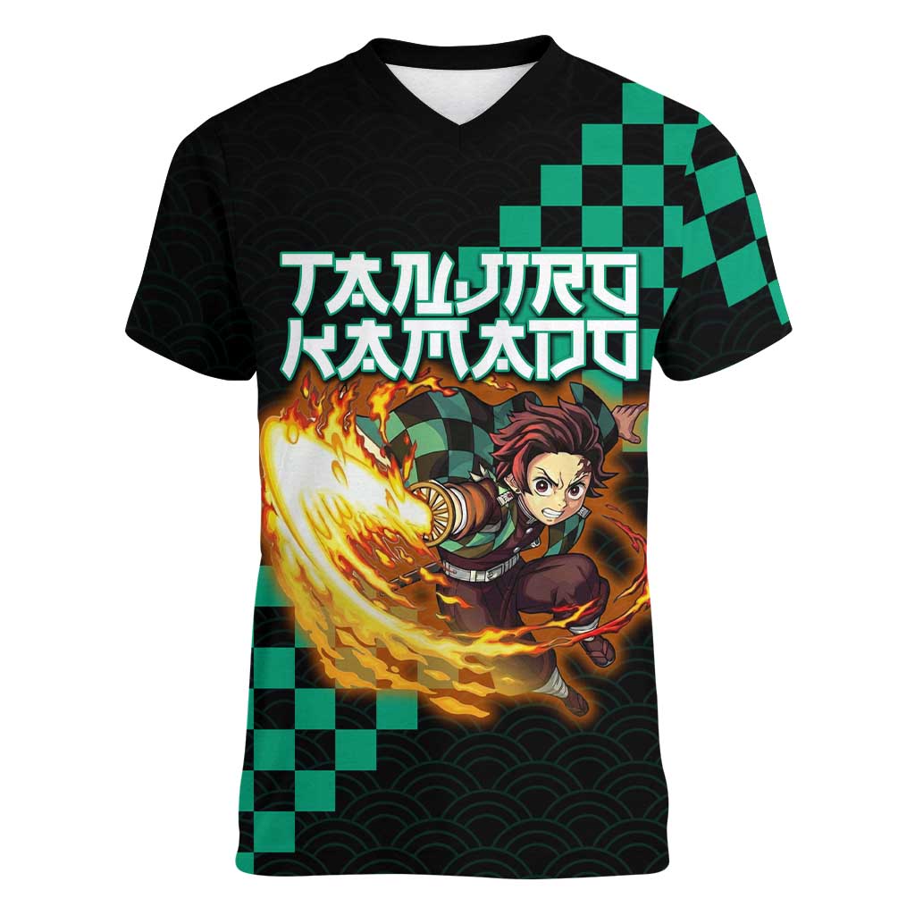 Tanjiro Kamado Demon Slayer Women V-Neck T-Shirt Fiery Checkered Anime Wave Style