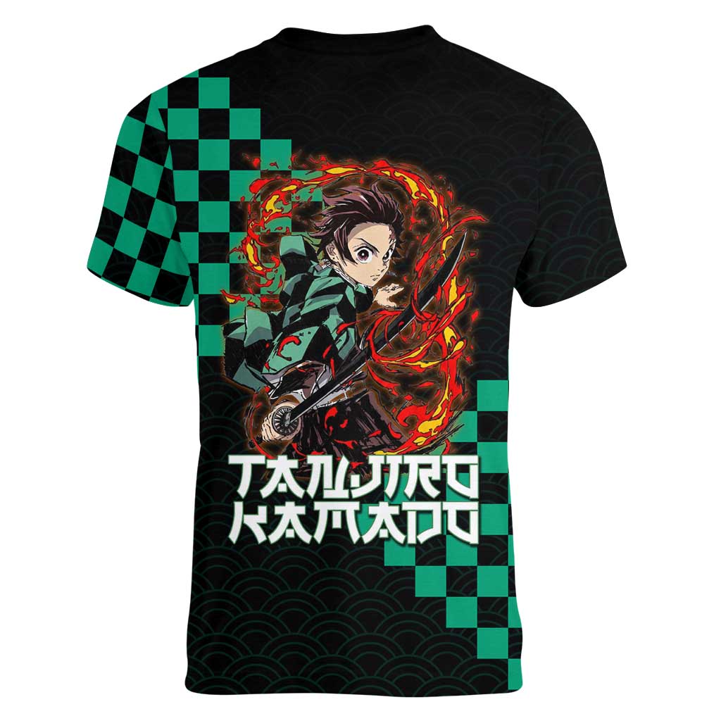 Tanjiro Kamado Demon Slayer Women V-Neck T-Shirt Fiery Checkered Anime Wave Style
