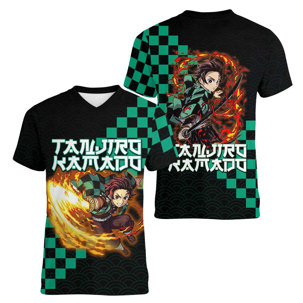 Tanjiro Kamado Demon Slayer Women V-Neck T-Shirt Fiery Checkered Anime Wave Style