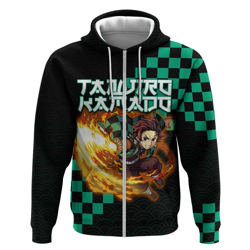 Tanjiro Kamado Demon Slayer Zip Hoodie Fiery Checkered Anime Wave Style