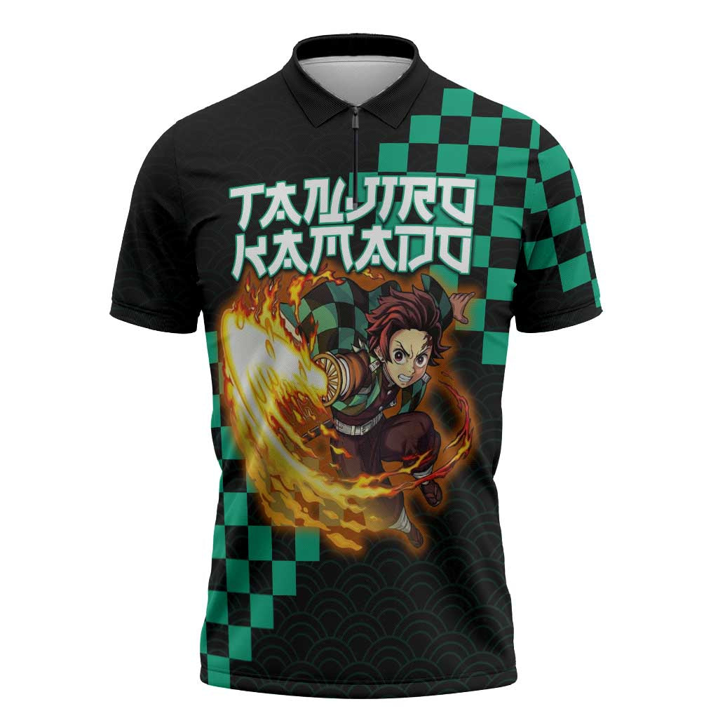 Tanjiro Kamado Demon Slayer Zipper Polo Shirt Fiery Checkered Anime Wave Style