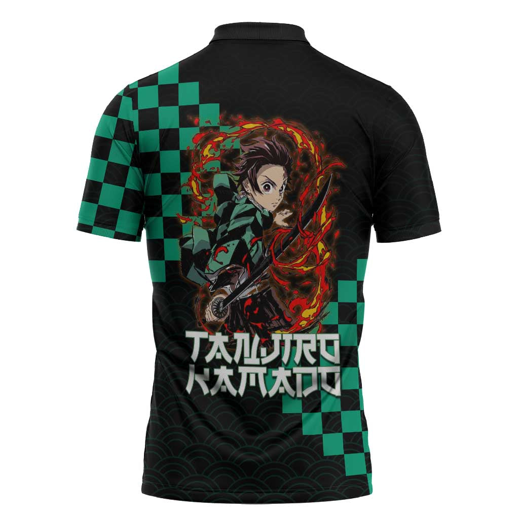 Tanjiro Kamado Demon Slayer Zipper Polo Shirt Fiery Checkered Anime Wave Style