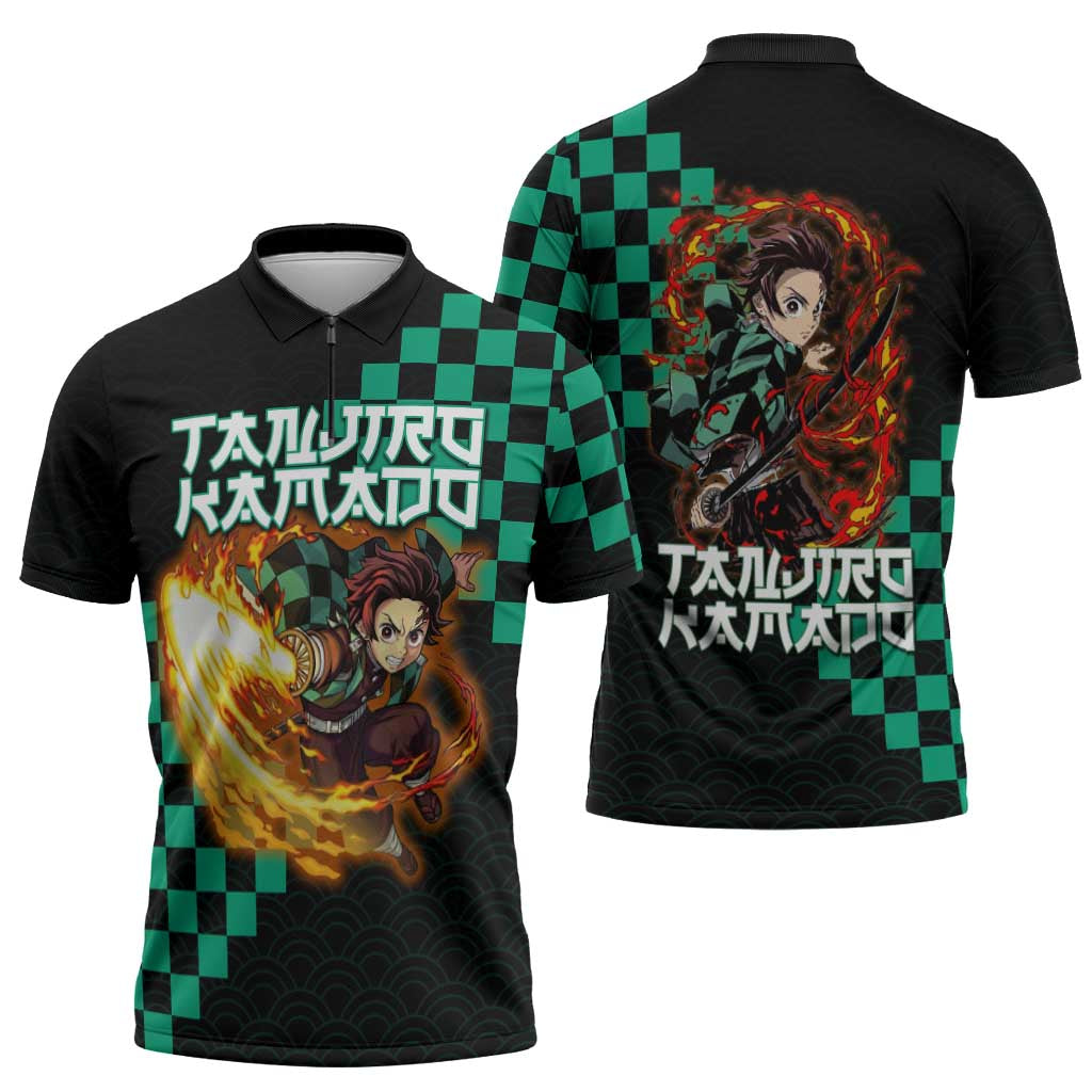 Tanjiro Kamado Demon Slayer Zipper Polo Shirt Fiery Checkered Anime Wave Style