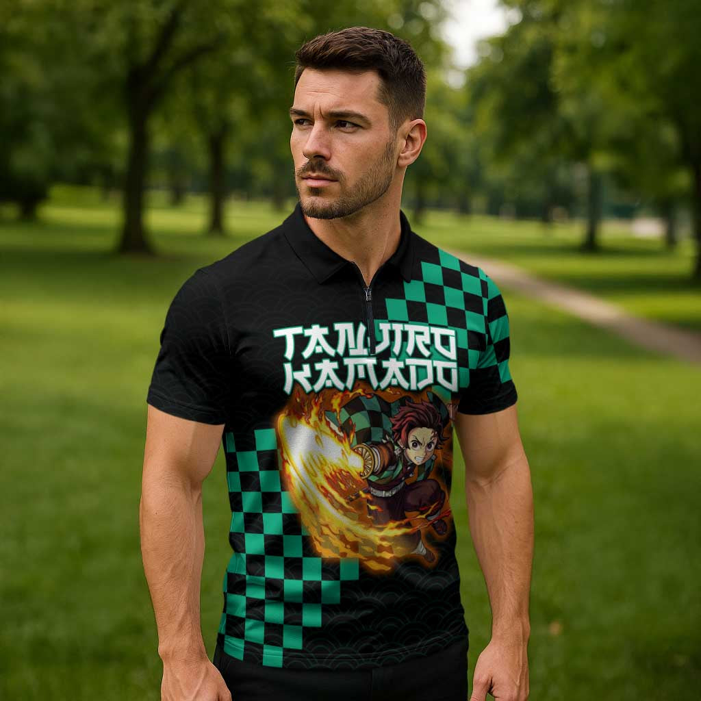 Tanjiro Kamado Demon Slayer Zipper Polo Shirt Fiery Checkered Anime Wave Style