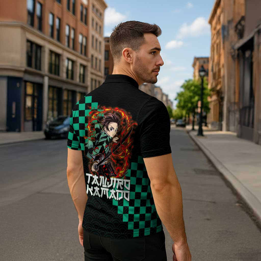 Tanjiro Kamado Demon Slayer Zipper Polo Shirt Fiery Checkered Anime Wave Style