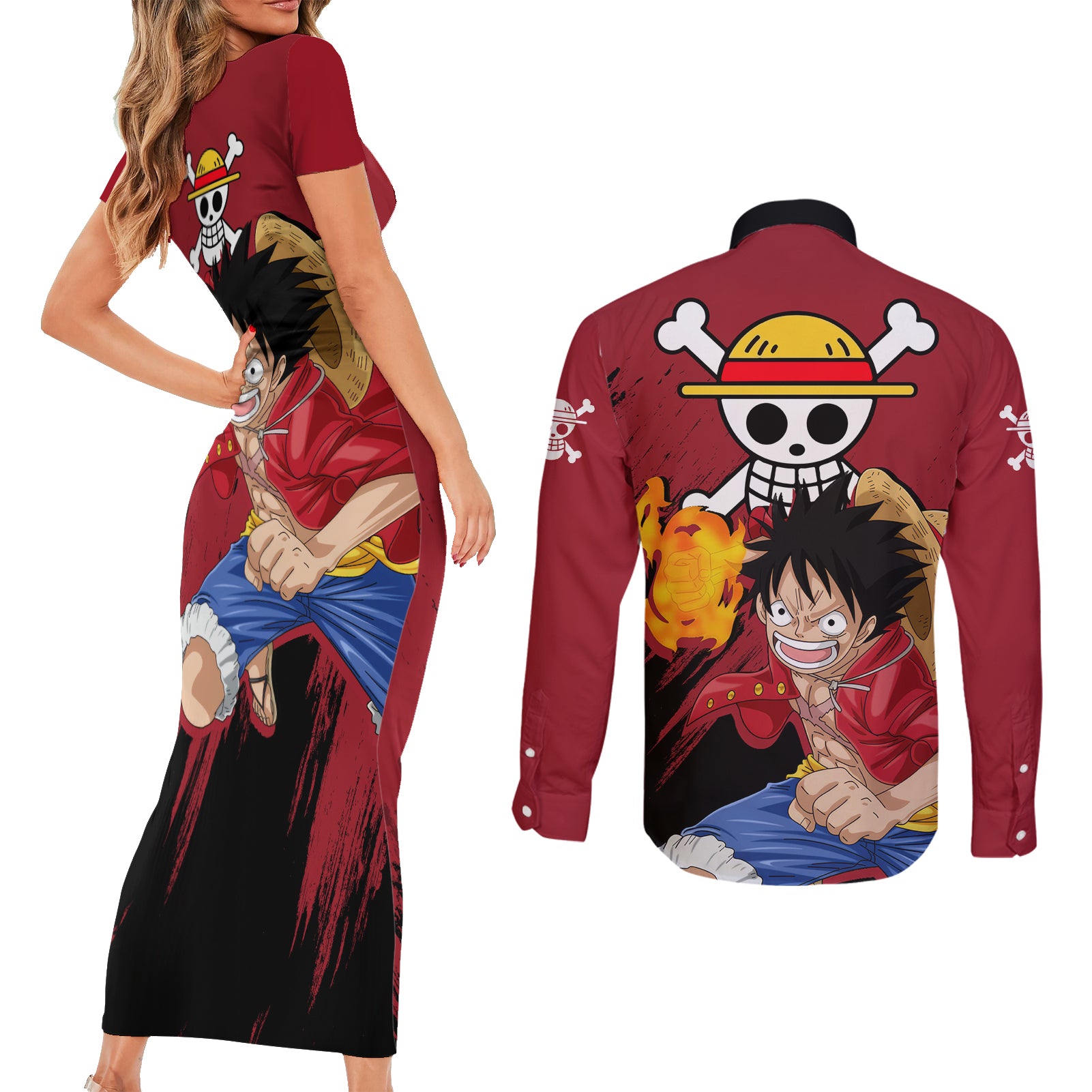 Monkey D Luffy - One Piece Anime Couples Matching Short Sleeve Bodycon Dress and Long Sleeve Button Shirt