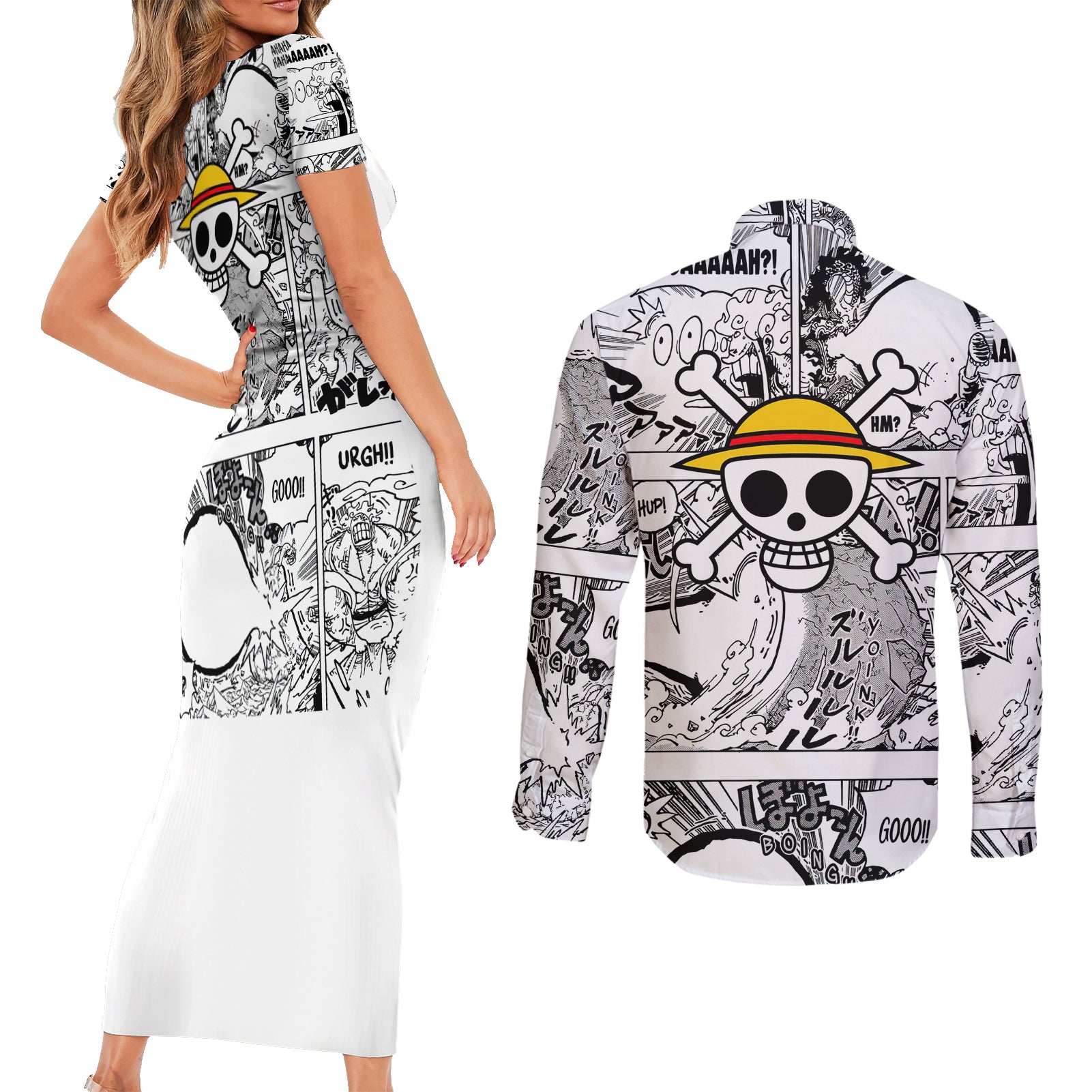 Luffy Gear 5 Awakening - One Piece Anime Mixed Manga Couples Matching Short Sleeve Bodycon Dress and Long Sleeve Button Shirt