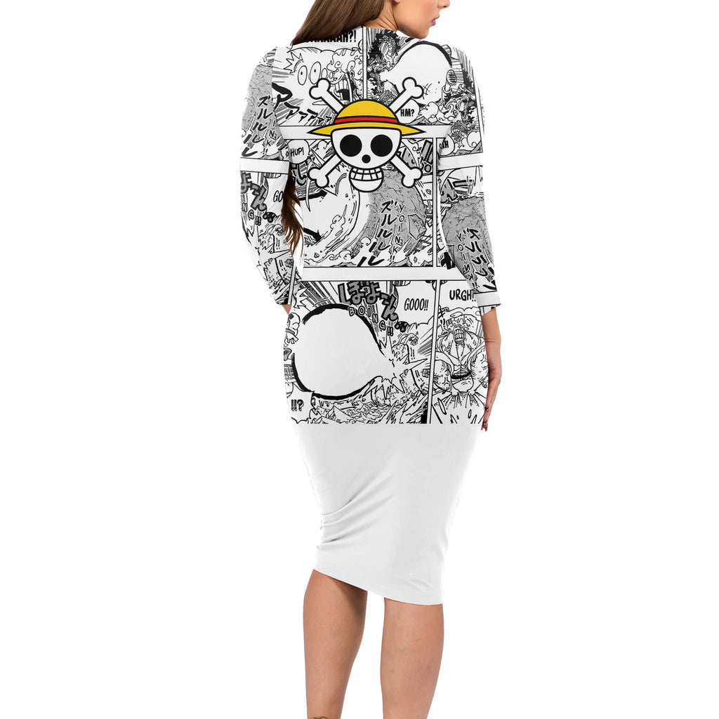 Luffy Gear 5 Awakening - One Piece Anime Mixed Manga Long Sleeve Bodycon Dress