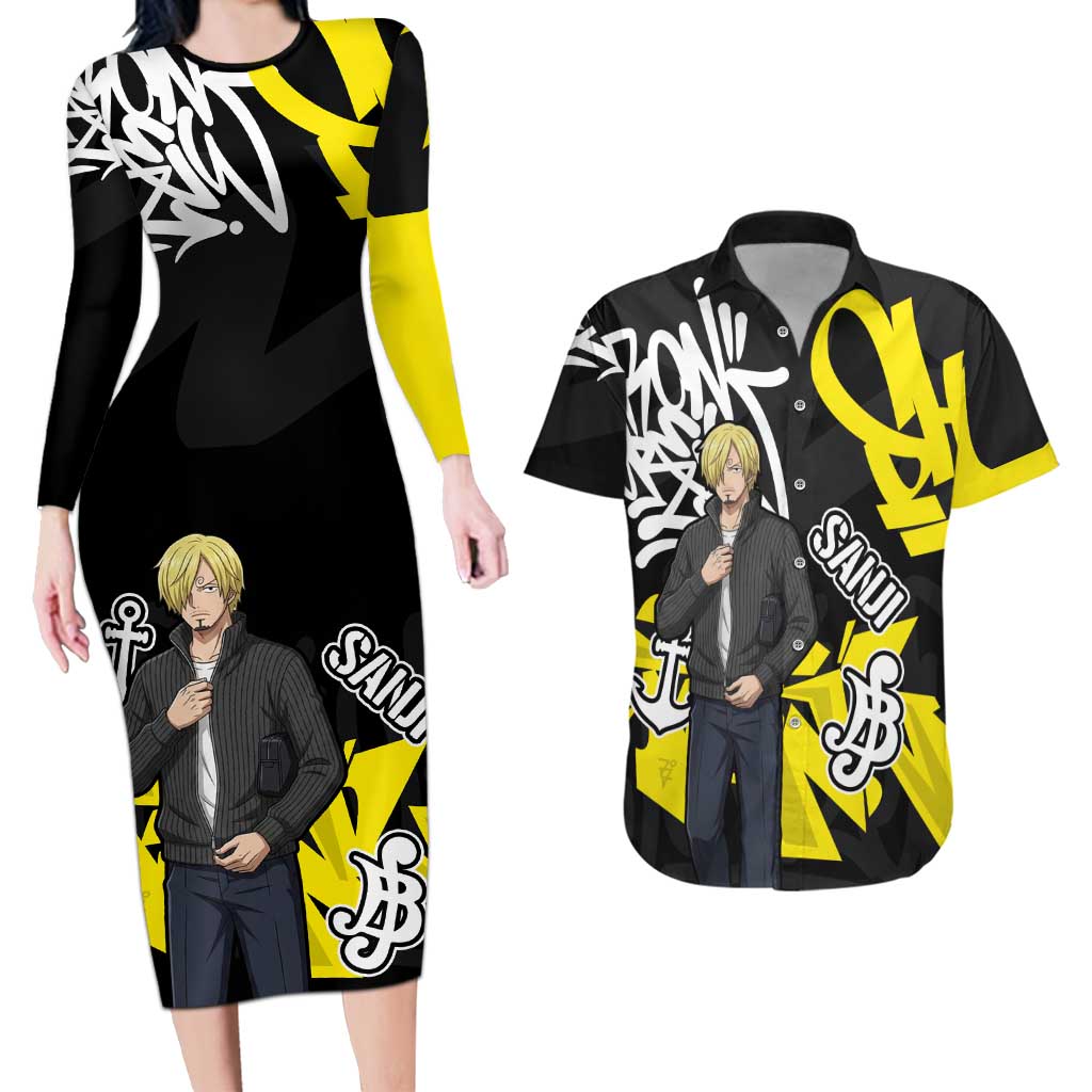 Vinsmoke Sanji One Piece Couples Matching Long Sleeve Bodycon Dress and Hawaiian Shirt Graffiti Street Art Anime Collage