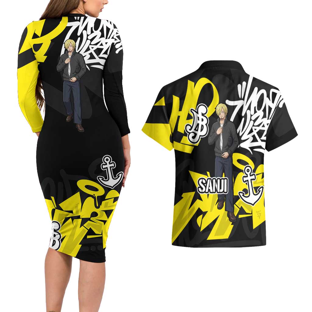 Vinsmoke Sanji One Piece Couples Matching Long Sleeve Bodycon Dress and Hawaiian Shirt Graffiti Street Art Anime Collage
