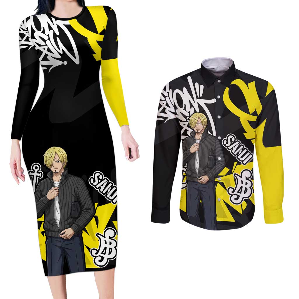 Vinsmoke Sanji One Piece Couples Matching Long Sleeve Bodycon Dress and Long Sleeve Button Shirt Graffiti Street Art Anime Collage