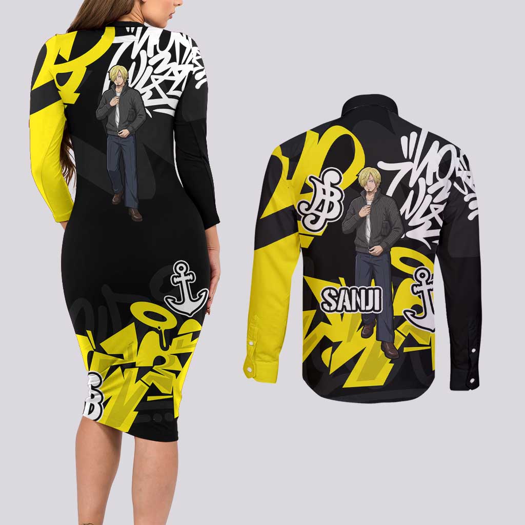 Vinsmoke Sanji One Piece Couples Matching Long Sleeve Bodycon Dress and Long Sleeve Button Shirt Graffiti Street Art Anime Collage