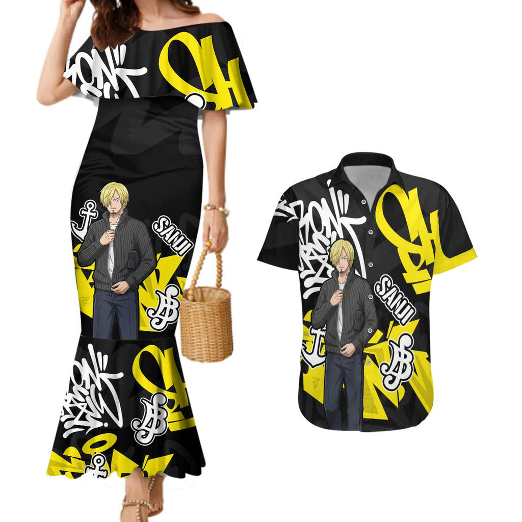 Vinsmoke Sanji One Piece Couples Matching Mermaid Dress and Hawaiian Shirt Graffiti Street Art Anime Collage