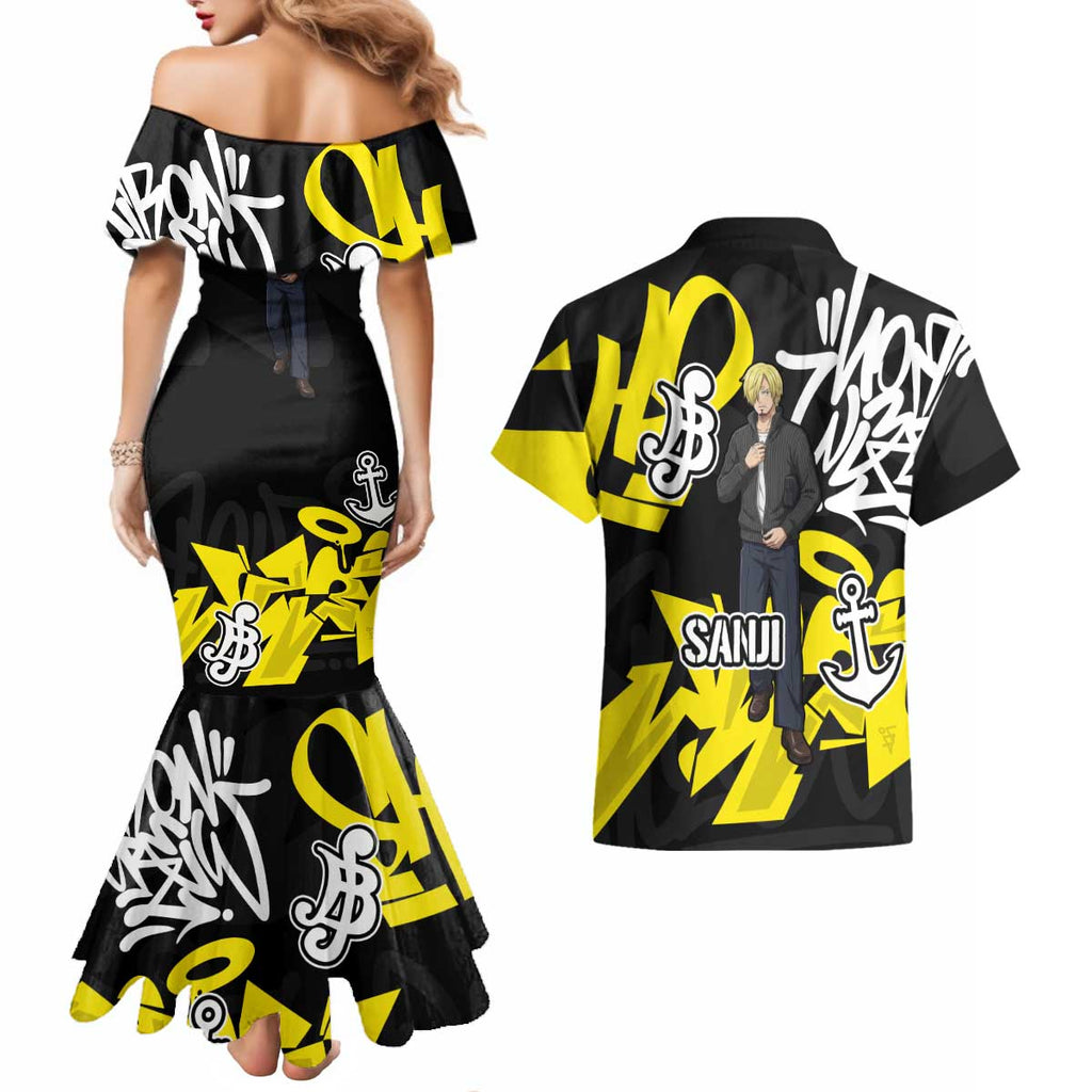 Vinsmoke Sanji One Piece Couples Matching Mermaid Dress and Hawaiian Shirt Graffiti Street Art Anime Collage