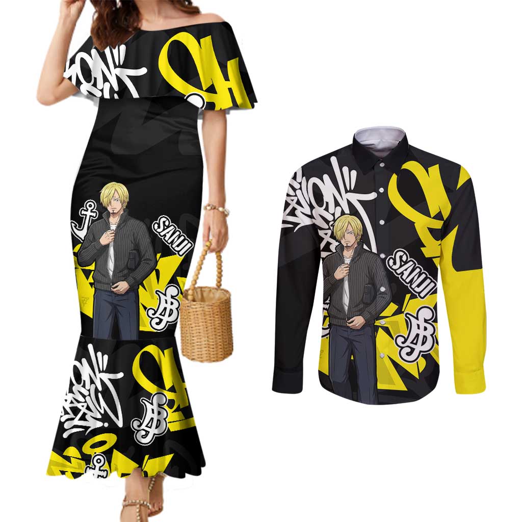 Vinsmoke Sanji One Piece Couples Matching Mermaid Dress and Long Sleeve Button Shirt Graffiti Street Art Anime Collage