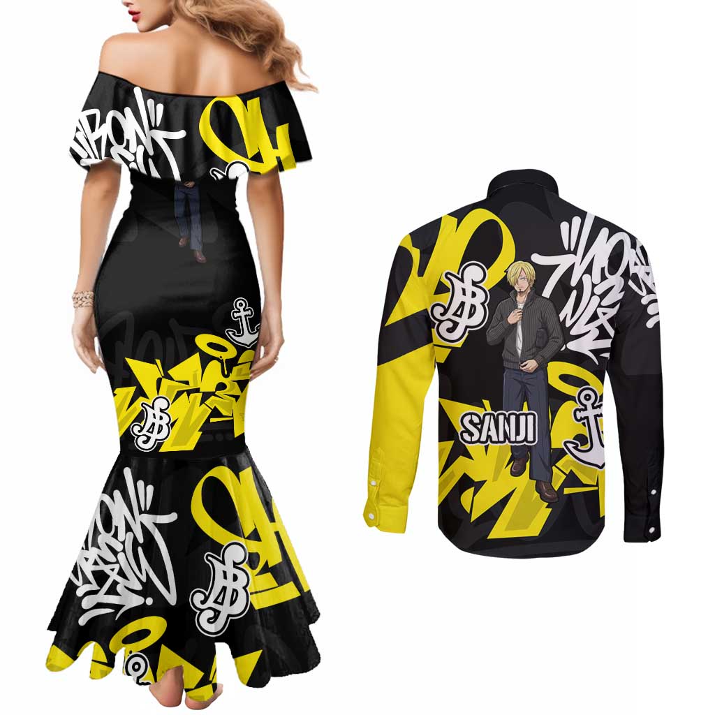 Vinsmoke Sanji One Piece Couples Matching Mermaid Dress and Long Sleeve Button Shirt Graffiti Street Art Anime Collage