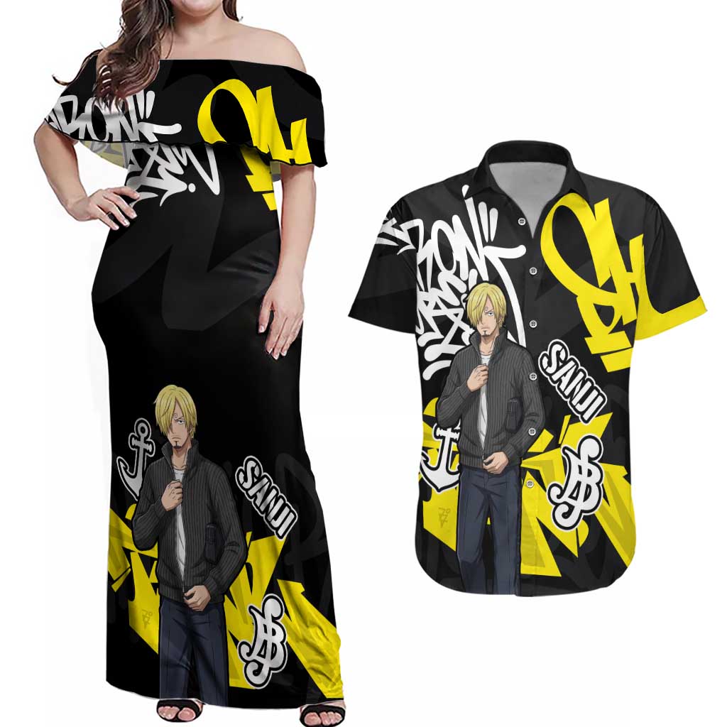 Vinsmoke Sanji One Piece Couples Matching Off Shoulder Maxi Dress and Hawaiian Shirt Graffiti Street Art Anime Collage