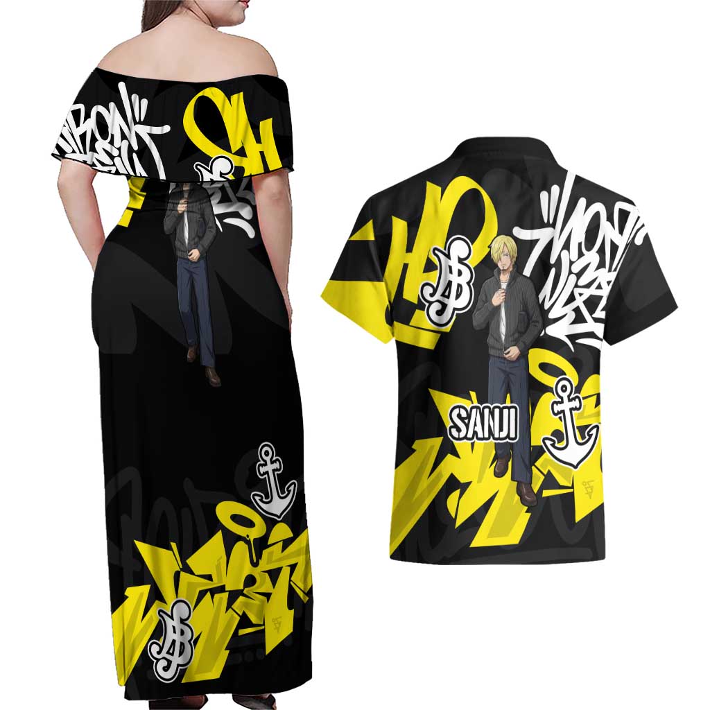 Vinsmoke Sanji One Piece Couples Matching Off Shoulder Maxi Dress and Hawaiian Shirt Graffiti Street Art Anime Collage