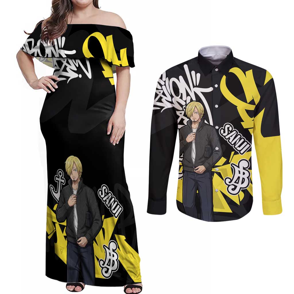 Vinsmoke Sanji One Piece Couples Matching Off Shoulder Maxi Dress and Long Sleeve Button Shirt Graffiti Street Art Anime Collage