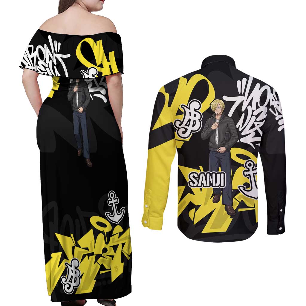 Vinsmoke Sanji One Piece Couples Matching Off Shoulder Maxi Dress and Long Sleeve Button Shirt Graffiti Street Art Anime Collage