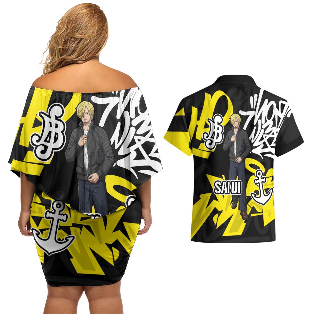 Vinsmoke Sanji One Piece Couples Matching Off Shoulder Short Dress and Hawaiian Shirt Graffiti Street Art Anime Collage
