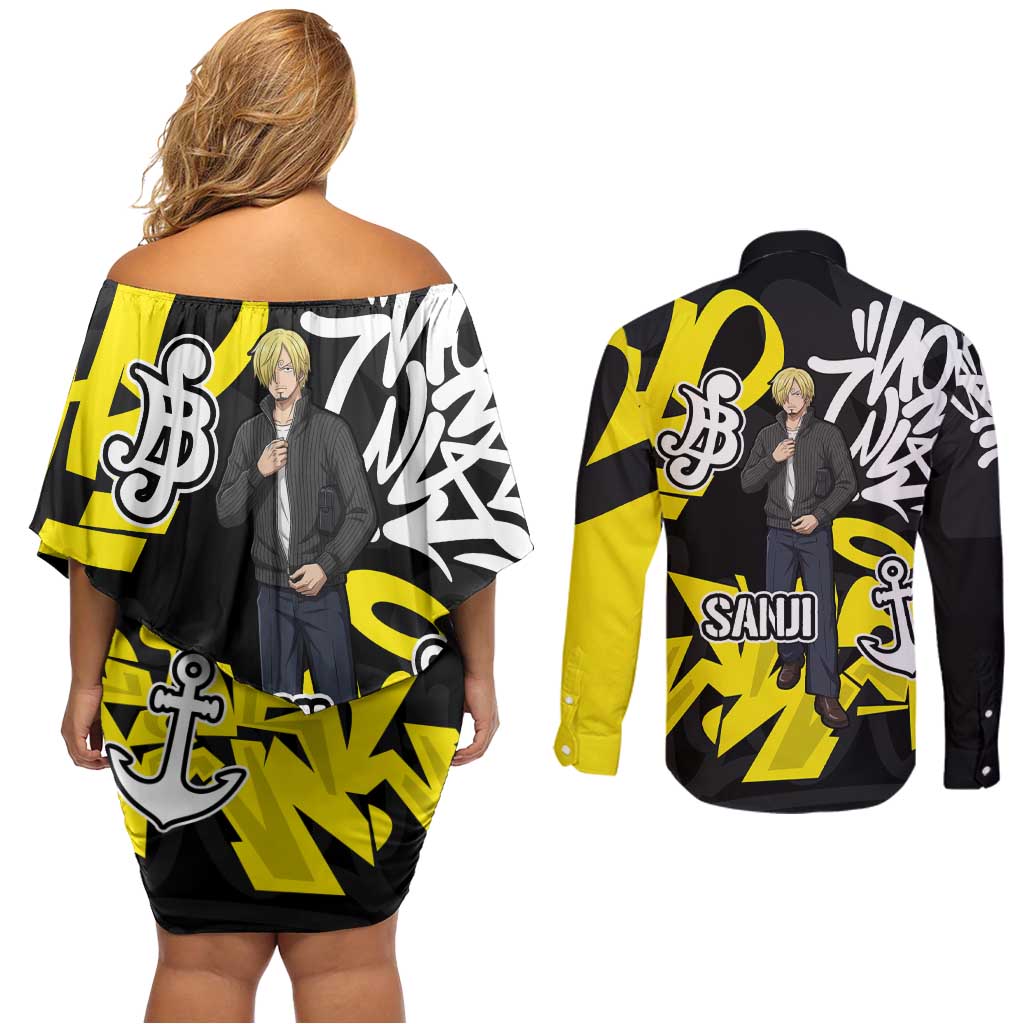Vinsmoke Sanji One Piece Couples Matching Off Shoulder Short Dress and Long Sleeve Button Shirt Graffiti Street Art Anime Collage