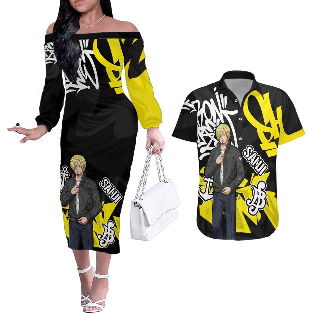 Vinsmoke Sanji One Piece Couples Matching Off The Shoulder Long Sleeve Dress and Hawaiian Shirt Graffiti Street Art Anime Collage
