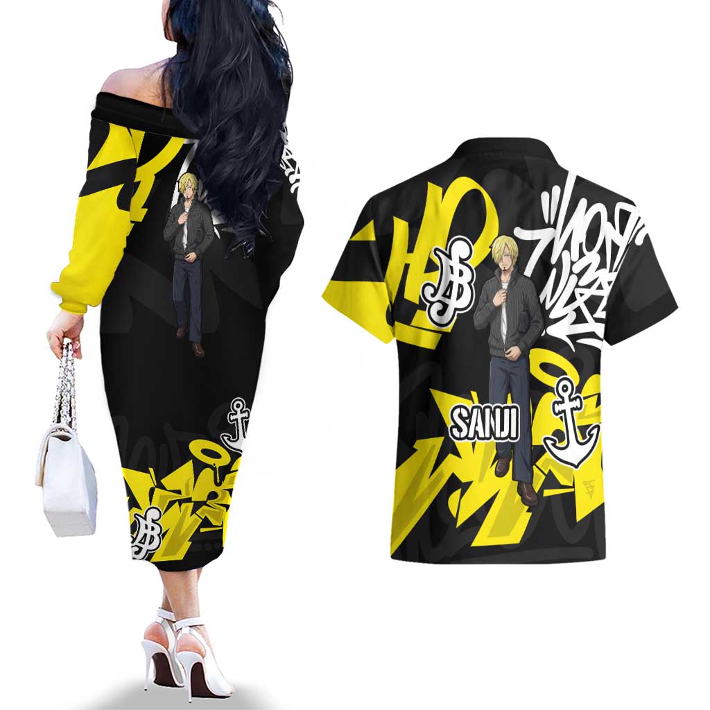 Vinsmoke Sanji One Piece Couples Matching Off The Shoulder Long Sleeve Dress and Hawaiian Shirt Graffiti Street Art Anime Collage