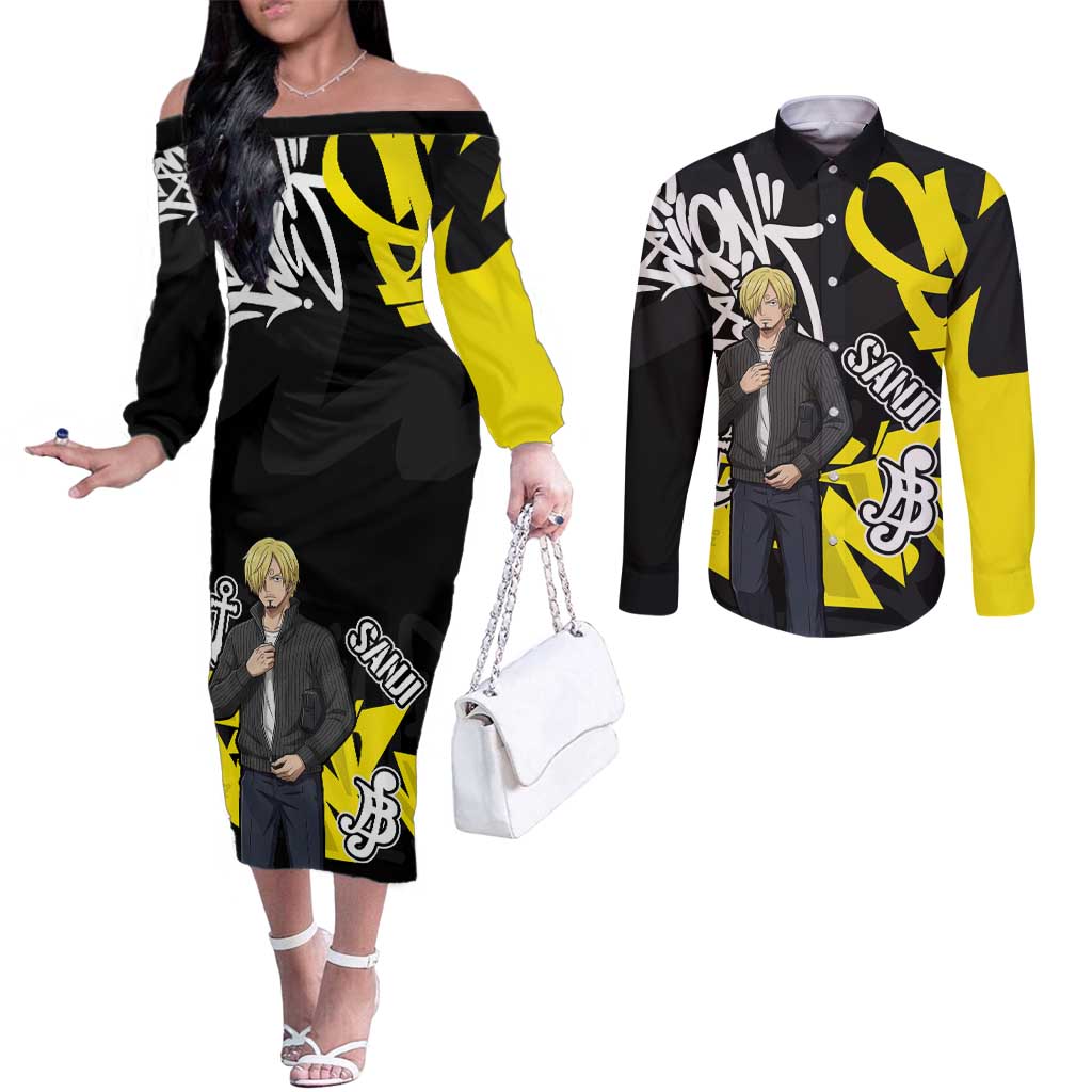 Vinsmoke Sanji One Piece Couples Matching Off The Shoulder Long Sleeve Dress and Long Sleeve Button Shirt Graffiti Street Art Anime Collage