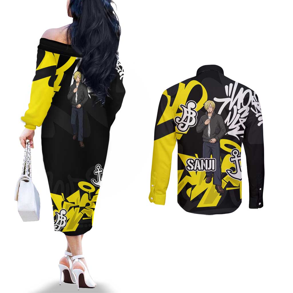 Vinsmoke Sanji One Piece Couples Matching Off The Shoulder Long Sleeve Dress and Long Sleeve Button Shirt Graffiti Street Art Anime Collage