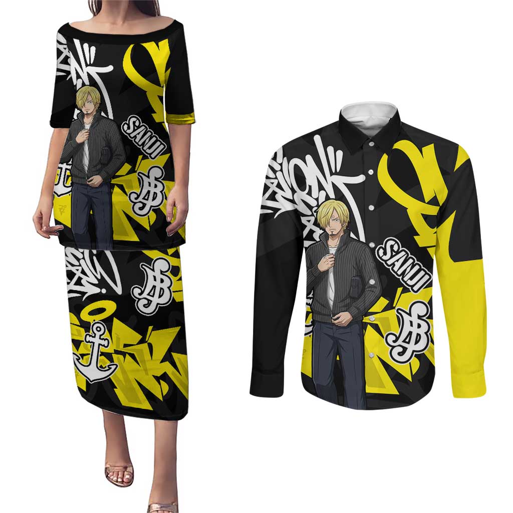 Vinsmoke Sanji One Piece Couples Matching Puletasi and Long Sleeve Button Shirt Graffiti Street Art Anime Collage