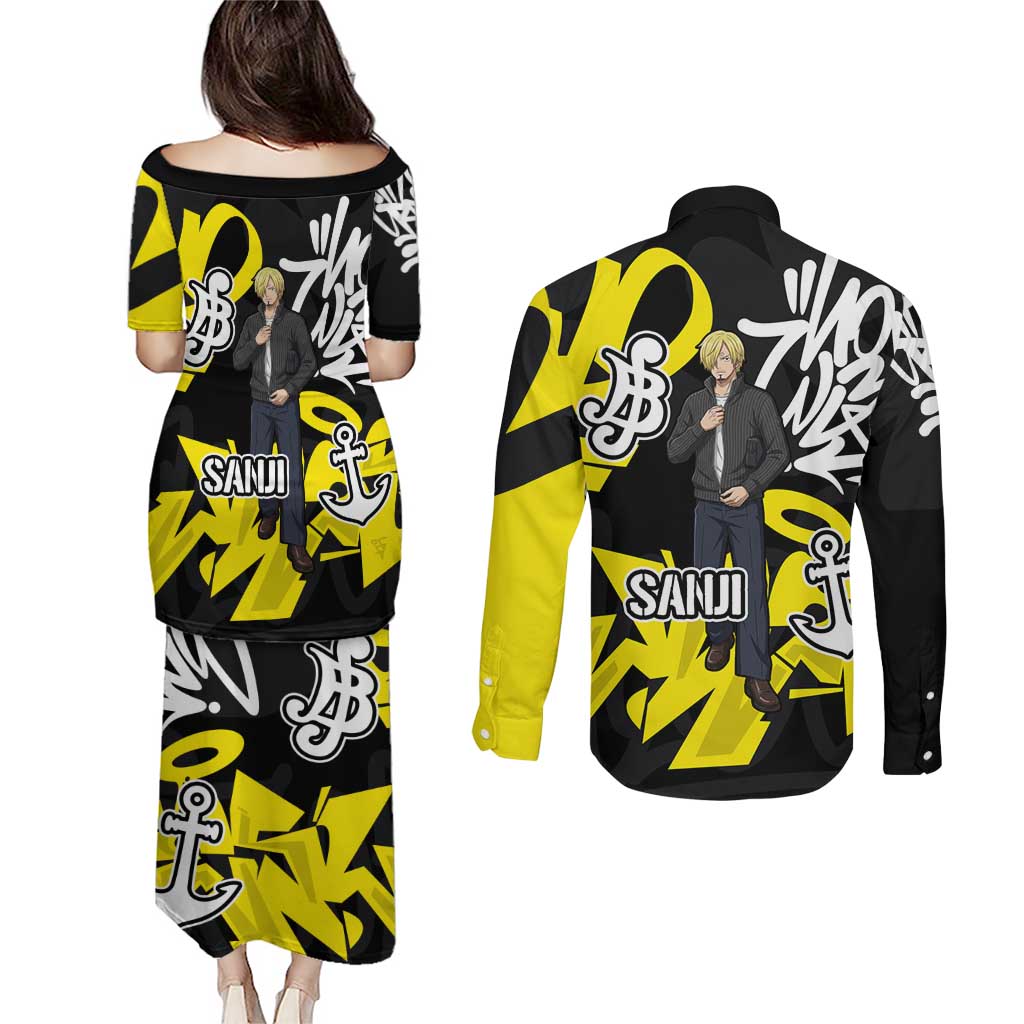 Vinsmoke Sanji One Piece Couples Matching Puletasi and Long Sleeve Button Shirt Graffiti Street Art Anime Collage