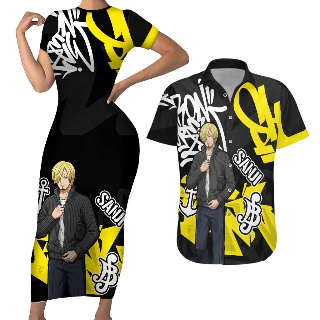 Vinsmoke Sanji One Piece Couples Matching Short Sleeve Bodycon Dress and Hawaiian Shirt Graffiti Street Art Anime Collage
