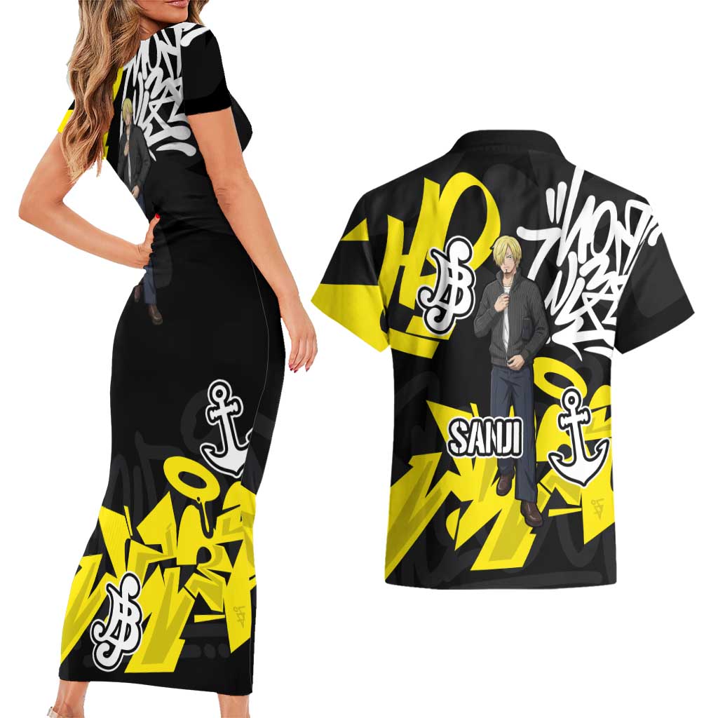 Vinsmoke Sanji One Piece Couples Matching Short Sleeve Bodycon Dress and Hawaiian Shirt Graffiti Street Art Anime Collage