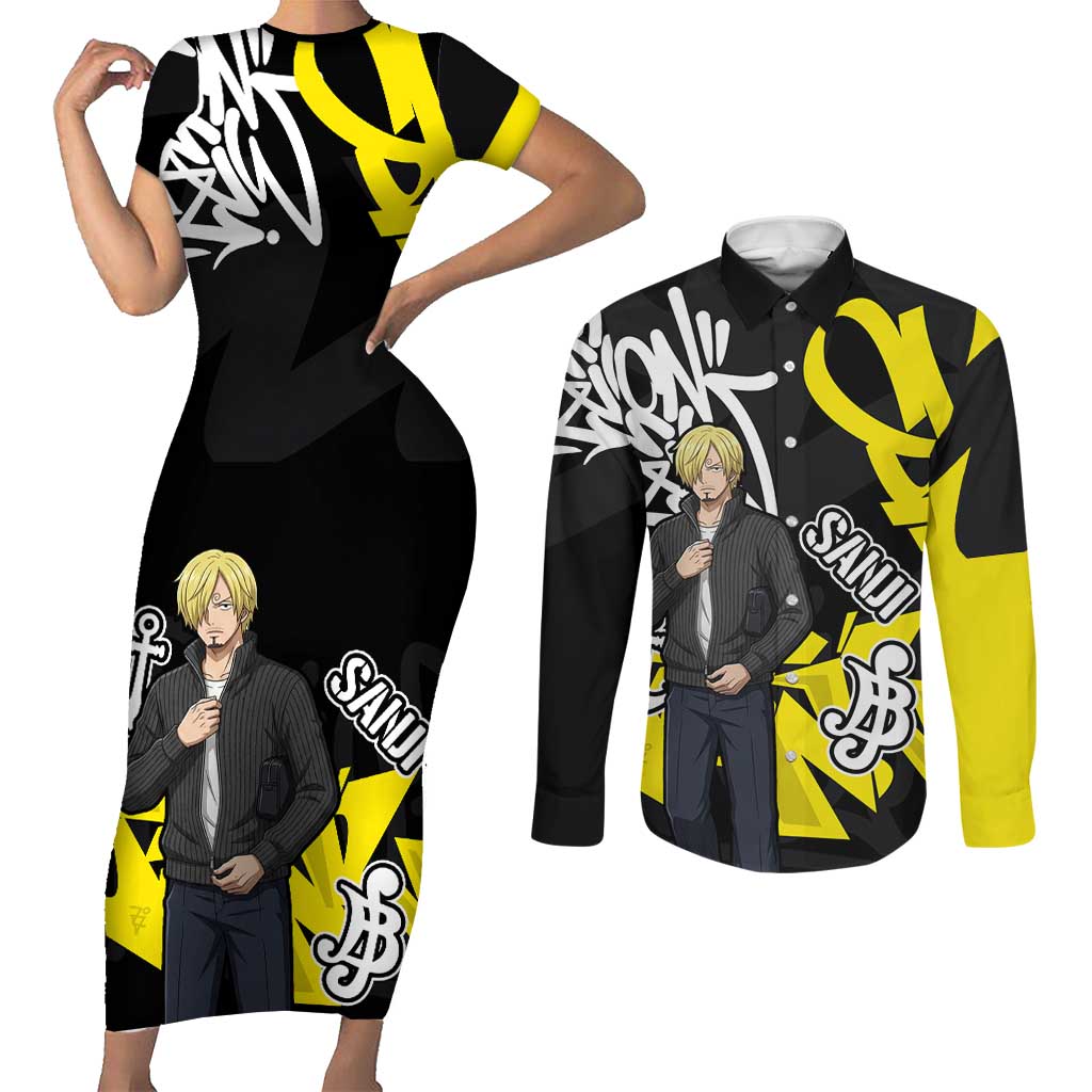 Vinsmoke Sanji One Piece Couples Matching Short Sleeve Bodycon Dress and Long Sleeve Button Shirt Graffiti Street Art Anime Collage