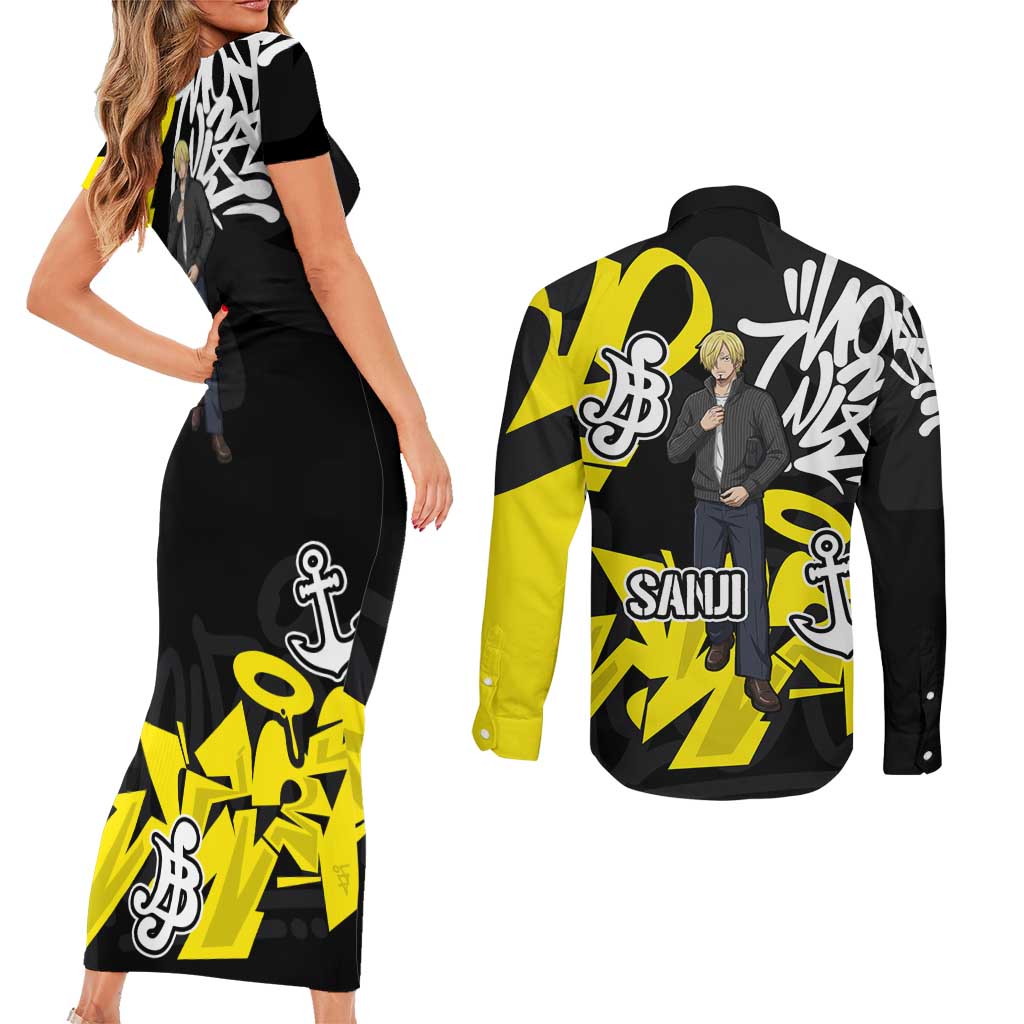 Vinsmoke Sanji One Piece Couples Matching Short Sleeve Bodycon Dress and Long Sleeve Button Shirt Graffiti Street Art Anime Collage