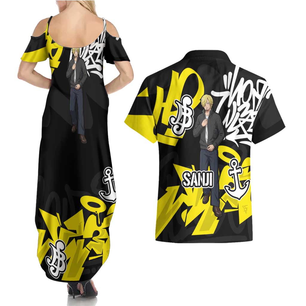 Vinsmoke Sanji One Piece Couples Matching Summer Maxi Dress and Hawaiian Shirt Graffiti Street Art Anime Collage