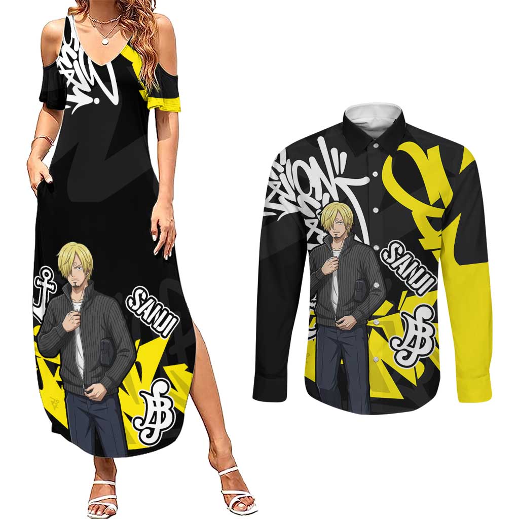 Vinsmoke Sanji One Piece Couples Matching Summer Maxi Dress and Long Sleeve Button Shirt Graffiti Street Art Anime Collage