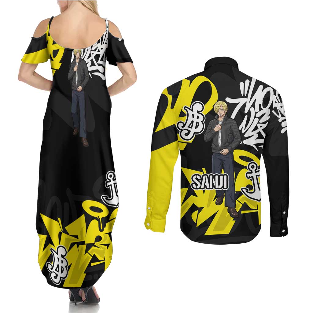 Vinsmoke Sanji One Piece Couples Matching Summer Maxi Dress and Long Sleeve Button Shirt Graffiti Street Art Anime Collage
