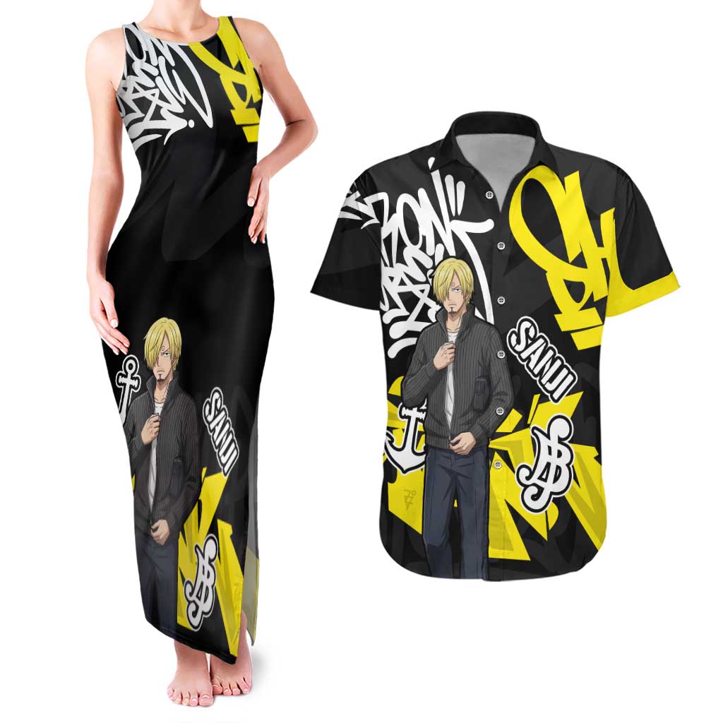 Vinsmoke Sanji One Piece Couples Matching Tank Maxi Dress and Hawaiian Shirt Graffiti Street Art Anime Collage
